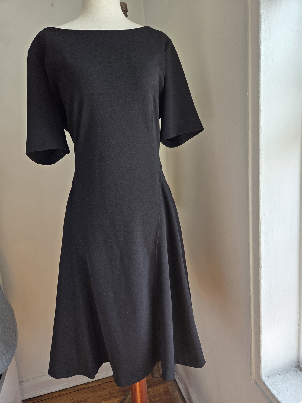 Calvin Klein Black Boatneck A-Line Dress with Elbow Sleeves
